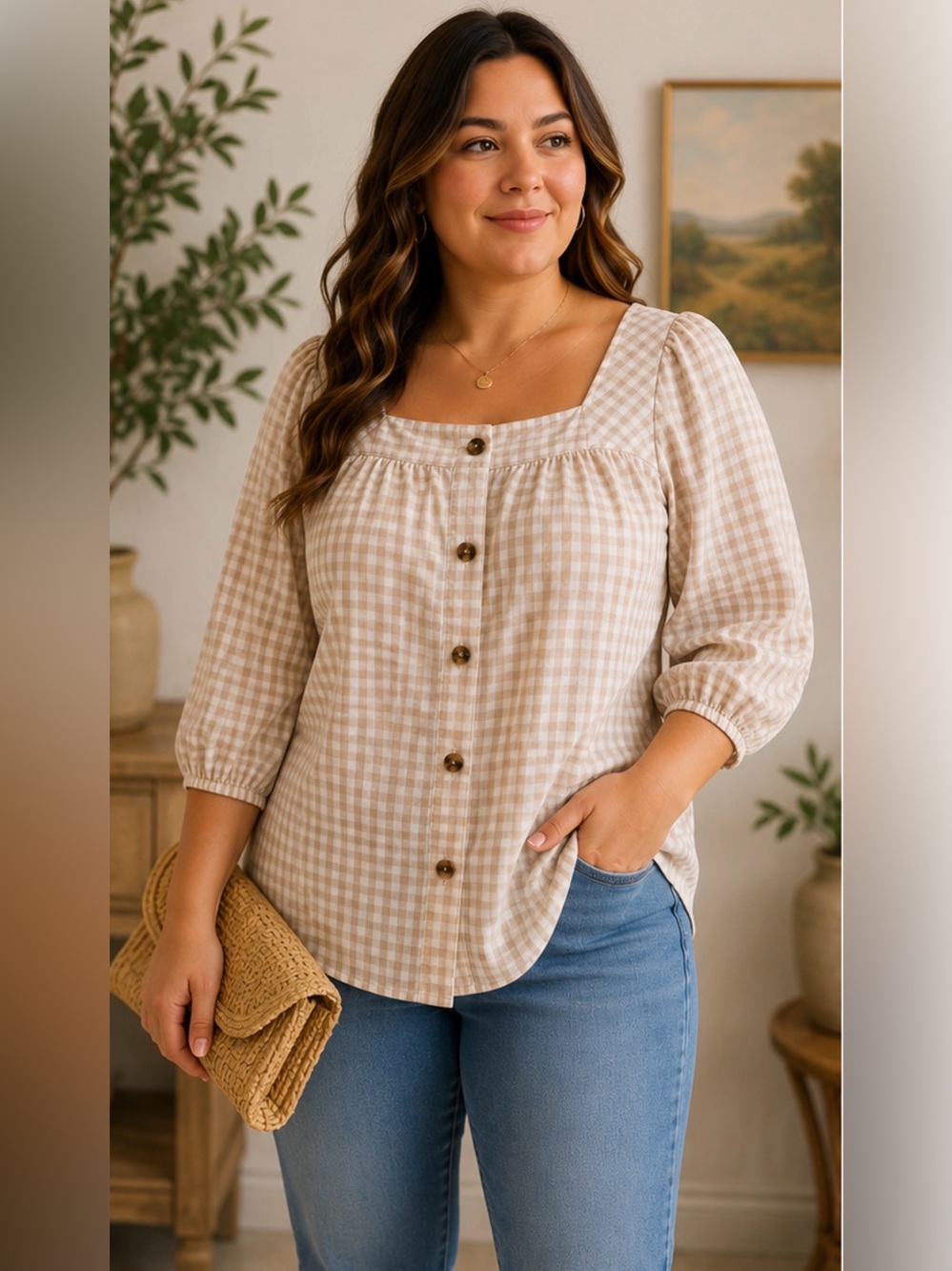 Sunny Leigh Beige Gingham Cottagecore Blouse Medium Square Neck Peasant Top
